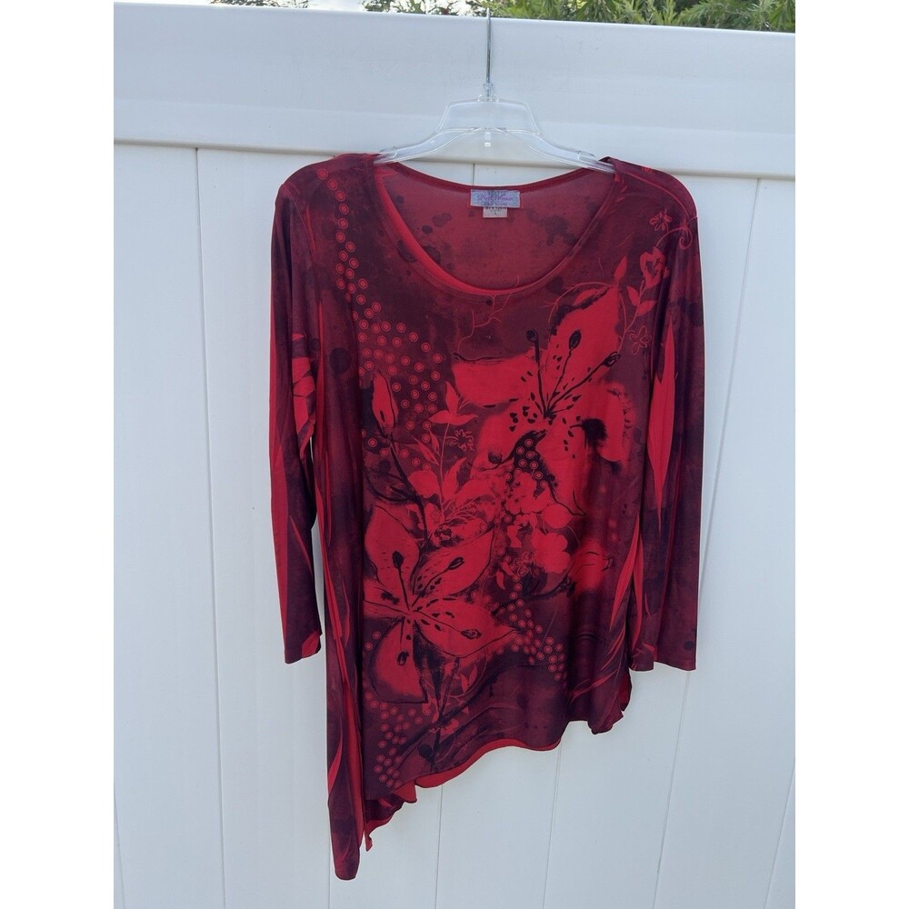 Pretty Woman Top Size Large Vintage Red Floral Stretchy Asymmetric Hem
